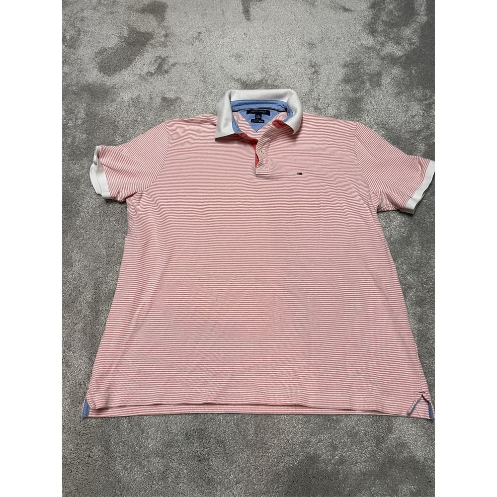 Tommy Hilfiger Men's Custom Fit Polo Shirt Red White Striped Size Large